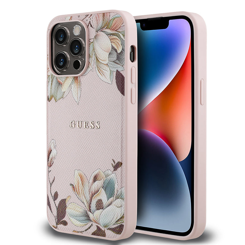 Apple iPhone 14 Pro Max Kılıf Guess Magsafe Şarj Özellikli Çiçek Tasarımlı Metal Yazı Logolu Kapak Pembe