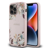 Apple iPhone 14 Pro Max Kılıf Guess Magsafe Şarj Özellikli Çiçek Tasarımlı Metal Yazı Logolu Kapak Pembe
