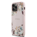 Apple iPhone 14 Pro Max Kılıf Guess Magsafe Şarj Özellikli Çiçek Tasarımlı Metal Yazı Logolu Kapak Pembe