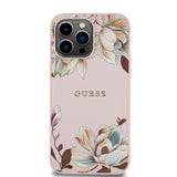 Apple iPhone 14 Pro Max Kılıf Guess Magsafe Şarj Özellikli Çiçek Tasarımlı Metal Yazı Logolu Kapak Pembe
