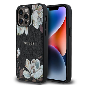 Apple iPhone 14 Pro Max Kılıf Guess Magsafe Şarj Özellikli Çiçek Tasarımlı Metal Yazı Logolu Kapak Siyah