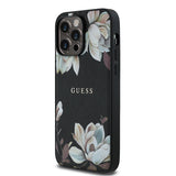 Apple iPhone 14 Pro Max Kılıf Guess Magsafe Şarj Özellikli Çiçek Tasarımlı Metal Yazı Logolu Kapak Siyah