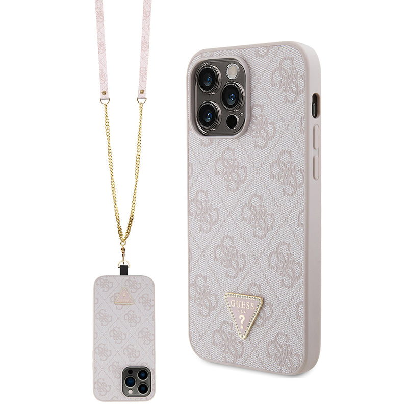 Apple iPhone 14 Pro Max Kılıf Guess PU Deri Taşlı Metal Üçgen Logolu Çapraz Vücut Askılı Kapak Pembe