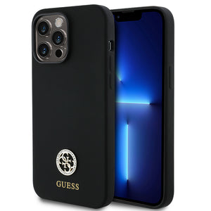Apple iPhone 14 Pro Max Kılıf Guess Yazı ve Taşlı 4G Logolu Silikon Kapak Siyah