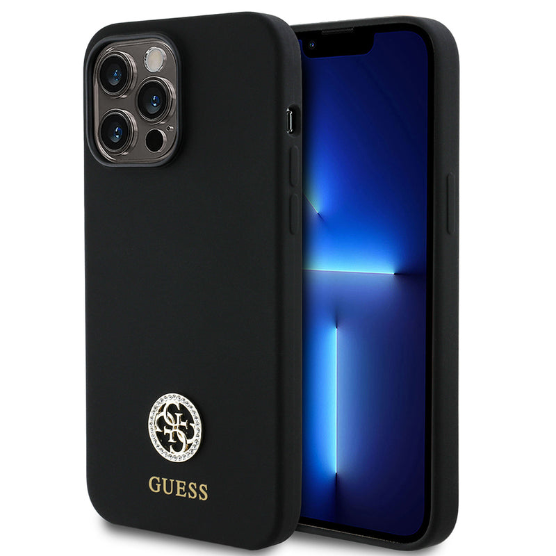 Apple iPhone 14 Pro Max Kılıf Guess Yazı ve Taşlı 4G Logolu Silikon Kapak Siyah