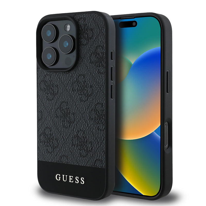 Apple iPhone 16 Pro Max Kılıf Guess PU Deri Şerit Logo Dizaynlı Kapak Siyah