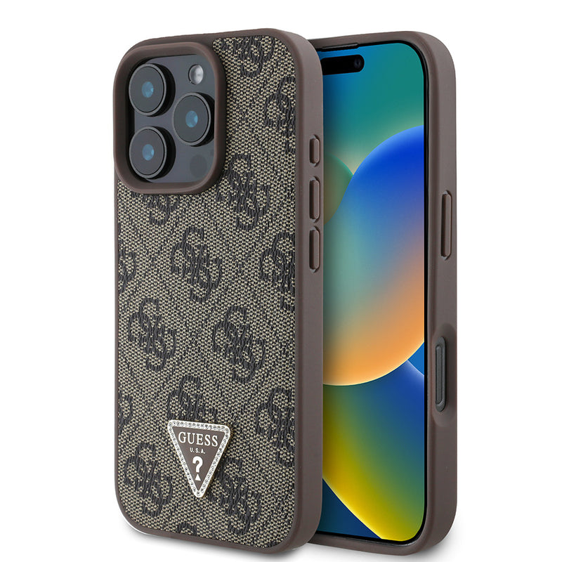 Apple iPhone 16 Pro Max Kılıf Guess PU Deri Taşlı Üçgen Logo 4G Desenli Strass Kapak Kahverengi