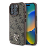 Apple iPhone 16 Pro Max Kılıf Guess PU Deri Taşlı Üçgen Logo 4G Desenli Strass Kapak Kahverengi