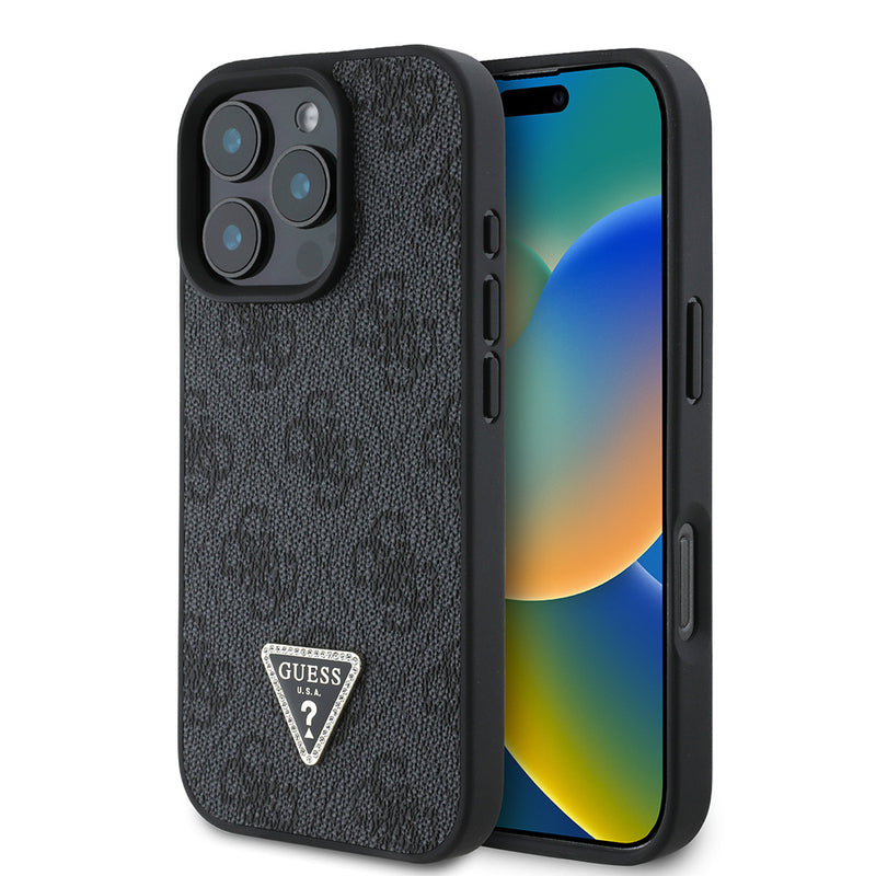Apple iPhone 16 Pro Max Kılıf Guess PU Deri Taşlı Üçgen Logo 4G Desenli Strass Kapak Siyah