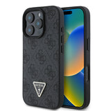 Apple iPhone 16 Pro Max Kılıf Guess PU Deri Taşlı Üçgen Logo 4G Desenli Strass Kapak Siyah